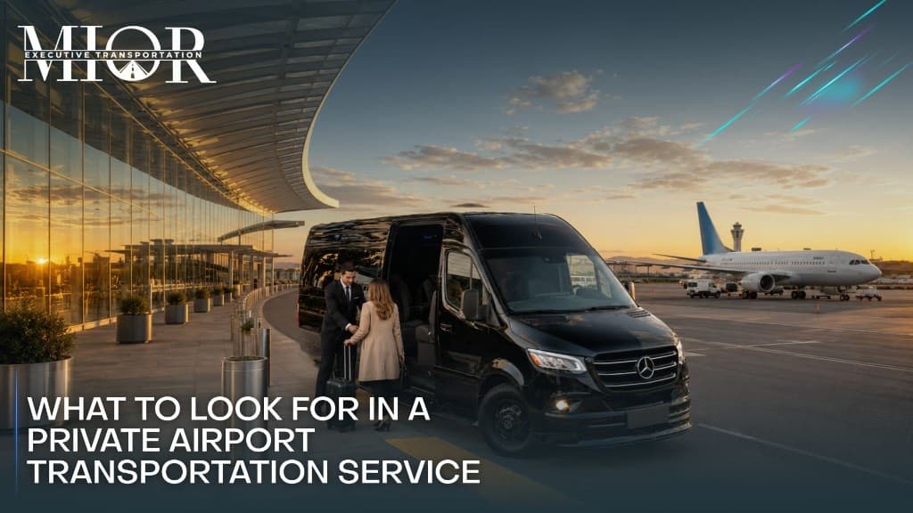 Chauffeur assisting a traveler with luggage into a black Mercedes-Benz Sprinter at an airport terminal — what to look for in a private airport transportation service