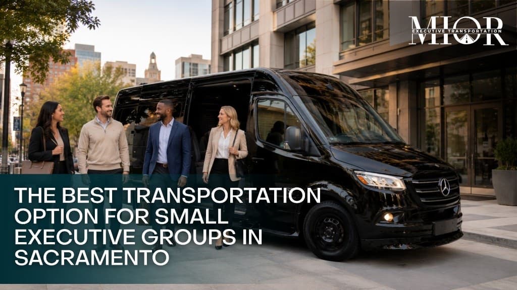 Small executive group boarding a black Mercedes-Benz Sprinter in downtown Sacramento — the best transportation option for small executive groups in Sacramento